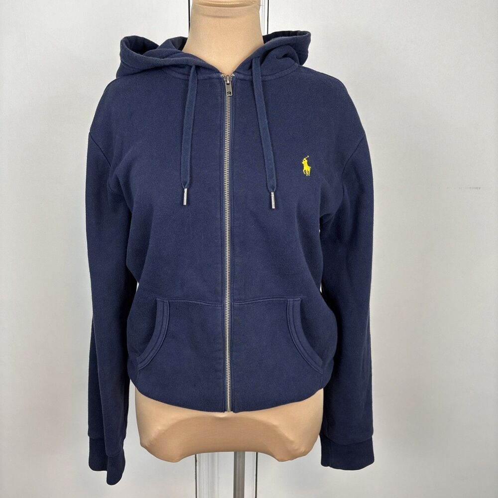 Ralph Lauren Vintage Ribbed Sleeves Navy Zip Up Polo Hoodie Small